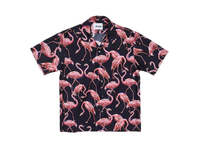 Awake Silk Flamingo Print Camp Shirt Black