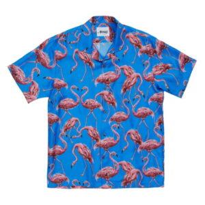 Awake Silk Flamingo Print Camp Shirt Blue