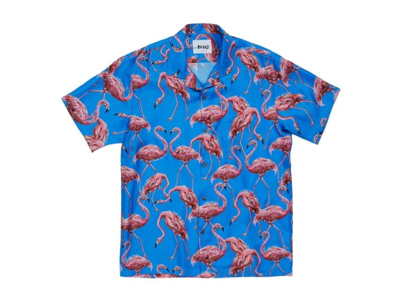 Awake Silk Flamingo Print Camp Shirt Blue