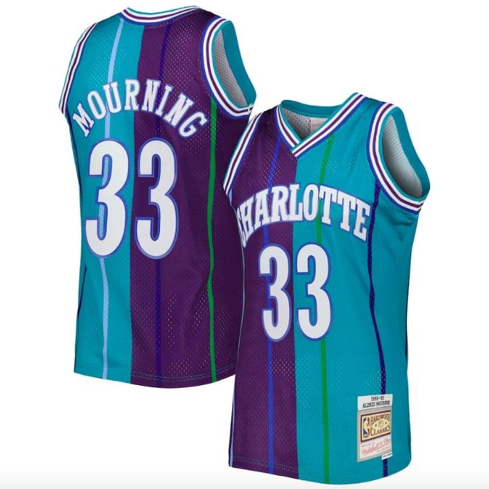 1992-93-charlotte-hornets-33-alonzo-mourning-split-swingman-teal-purple-jersey