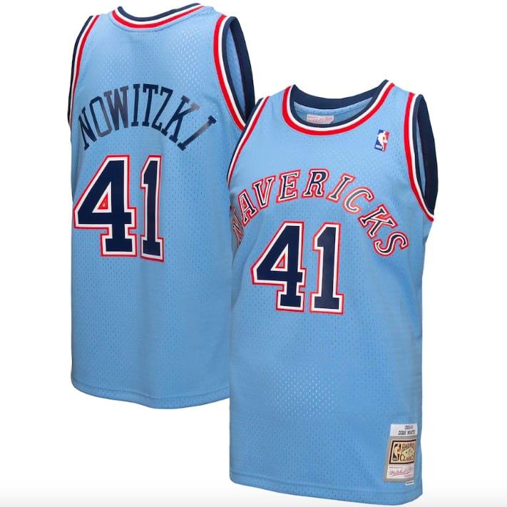 1998 99 Dallas Mavericks 41 Dirk Nowitzki Mitchell Ness Reload 3.0 Light Blue Jersey