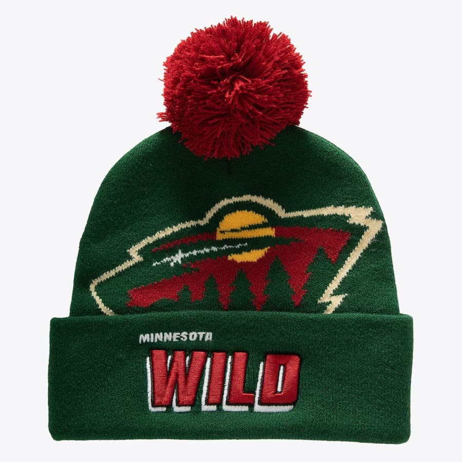 shapka-mitchell-ness-green-minnesota-wild-punch-out-cuffed-knit-hat-with-pom