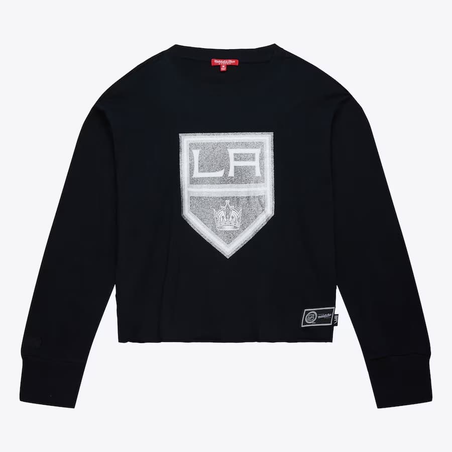 top-mitchell-ness-women-s-black-los-angeles-kings-glitter-long-sleeve-cropped-top