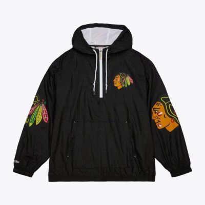 Mitchell & Ness Black Chicago Blackhawks Team 2.0 Anorak Quarter-Zip Windbreaker Jacket