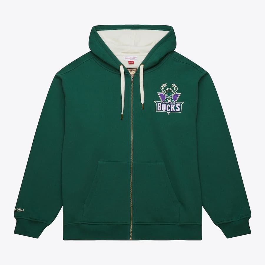 Mitchell Ness Green Milwaukee Bucks Vintage Logo Playoff Win 2.0 Full Zip Hoodie