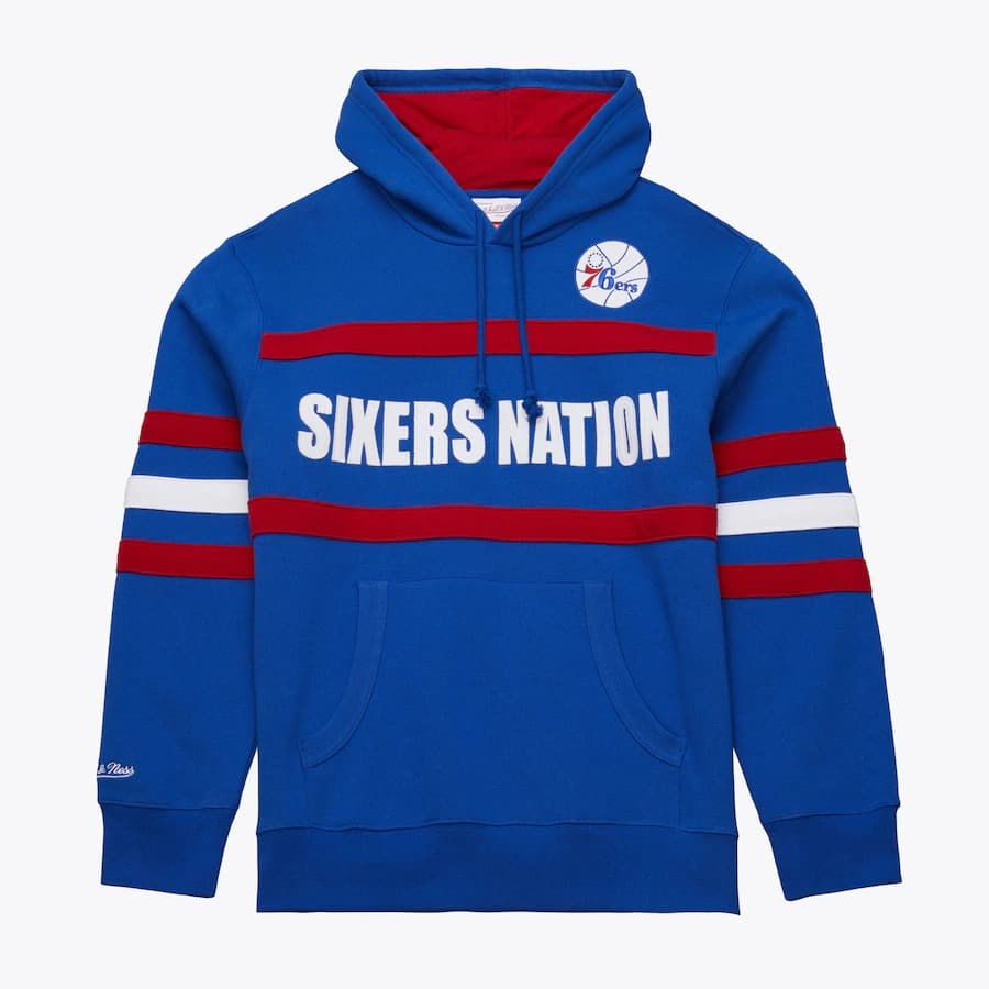 Mitchell Ness Royal Philadelphia 76ers Vintage Logo Head Coach Fleece Pullover Hoodie