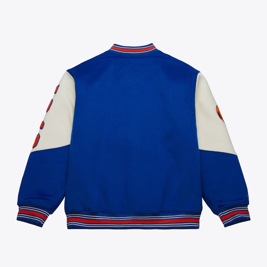 Бомбер Mitchell & Ness Blue New York Knicks Team History Vintage Logo Full-Snap Varsity Jacket