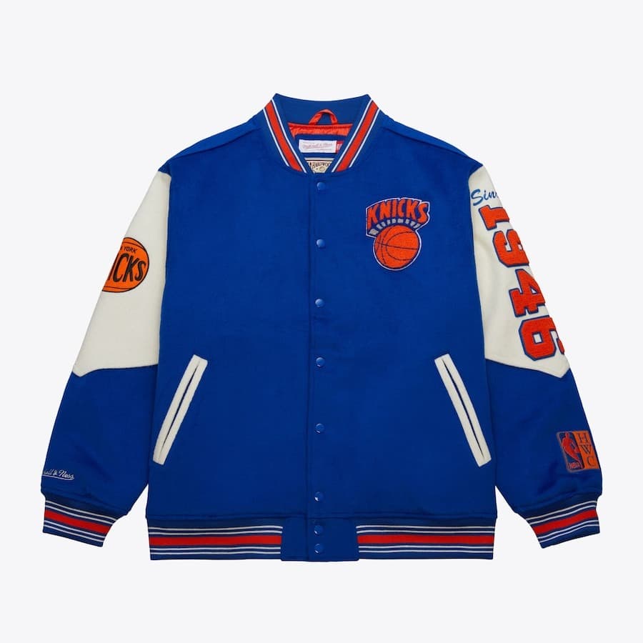 bomber-mitchell-ness-blue-new-york-knicks-team-history-vintage-logo-full-snap-varsity-jacket