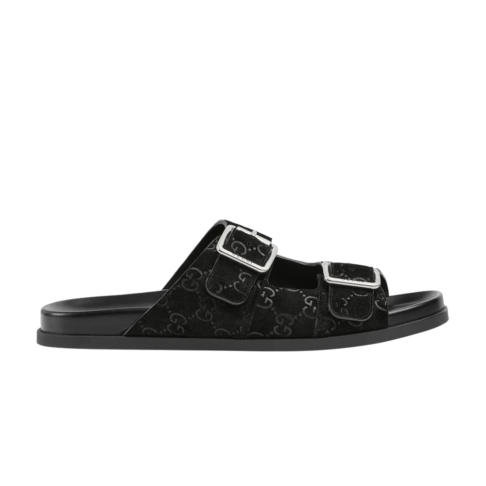 Tapochki-Gucci-Slide-Sandal-GG-Suede-Black